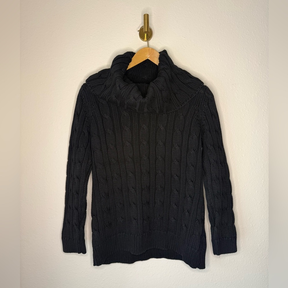 Chunky Black Cable Knit Cowl Neck Sweater size XL Cotton Blend